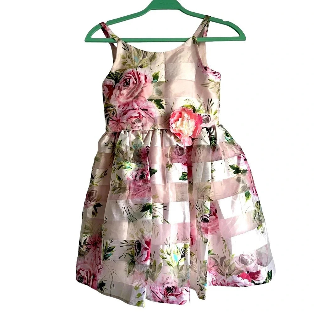 NWOT Zunie Pink Striped & Floral, Lined Ruffled Fancy Dress, Zip Closure, Size10